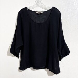 Flax Linen Cotton Blend 3/4 Sleeve Boxy Blouse‎ in Black